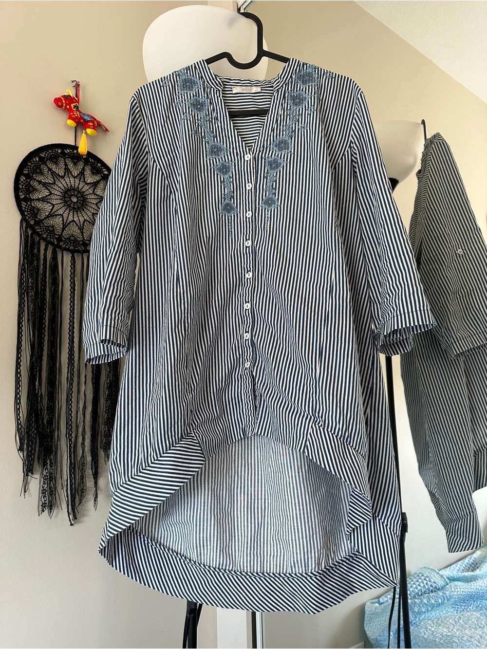 Striped Blue Embroidered High-Low Button Front Blouse